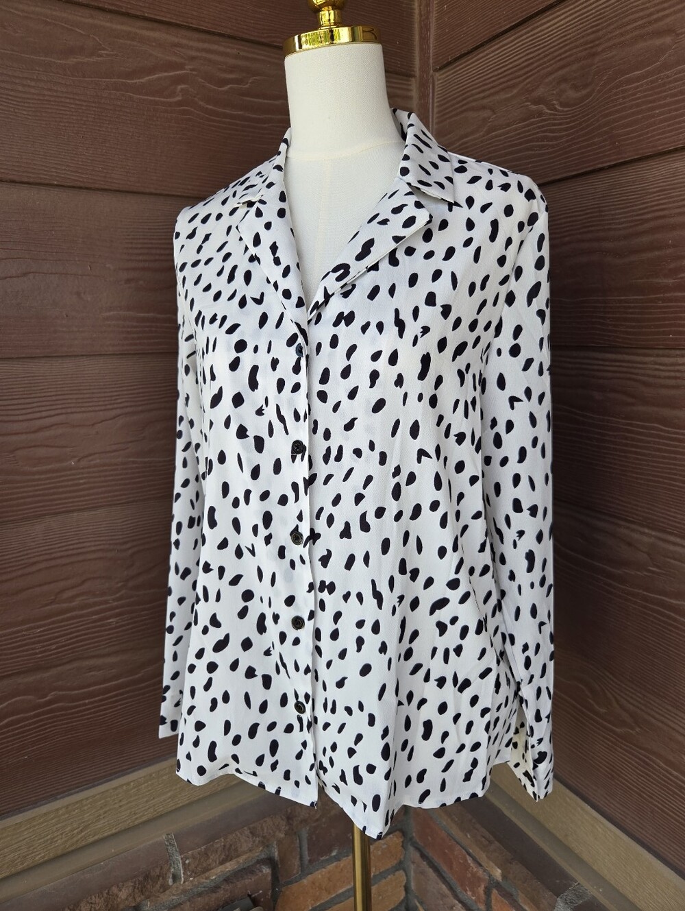 Ecowish White Dalmation Print Button Front Blouse – Size Medium